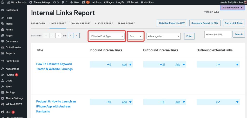 Screenshot showing an internal links report from LinkWhisper