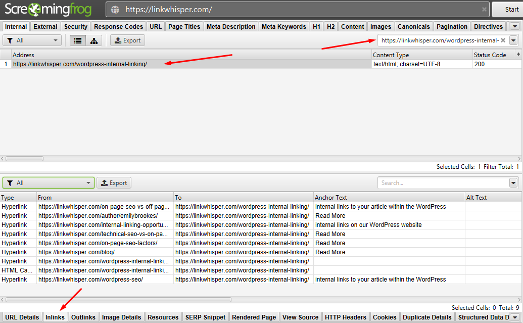 screenshot of internal links report in screaming frog