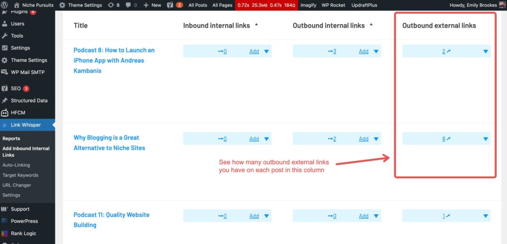 A screenshot of the LinkWhisper links report showing that you can see the number of outbound links on each WordPress page or post in the right hand column.