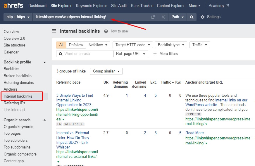 screenshot of internal links report in ahrefs