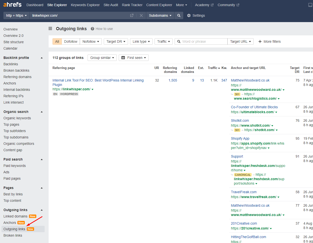 outgoing links in ahrefs