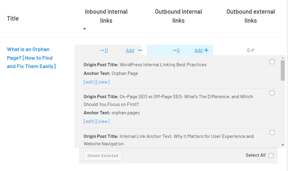 screenshot of internal link report in link whisper