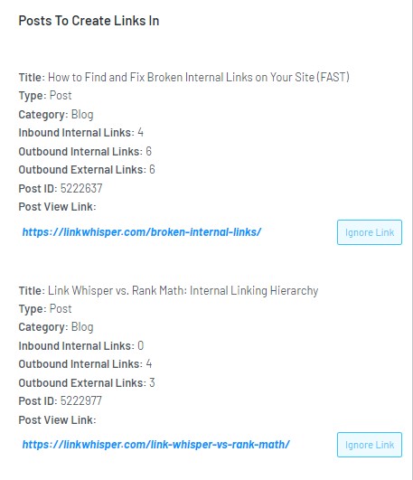 screenshot of internal link suggestions in link whisper