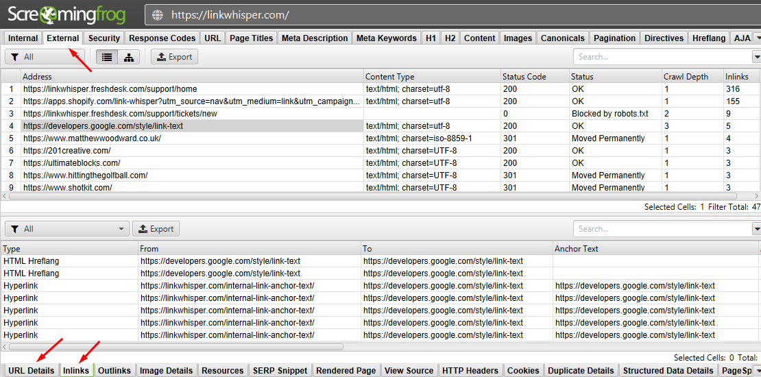 outbound links in screaming frog