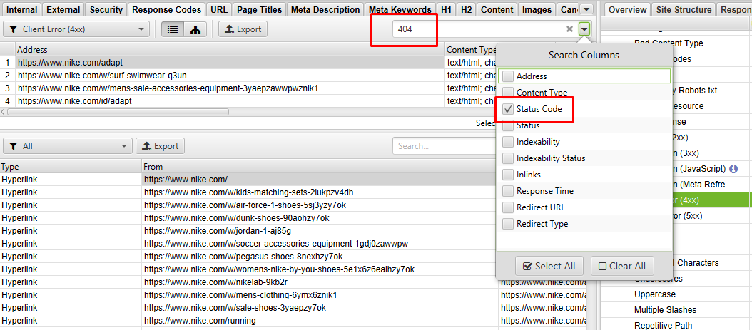 screaming frog 404 example