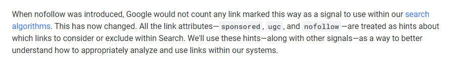 screenshot from google guidelines on nofollow links