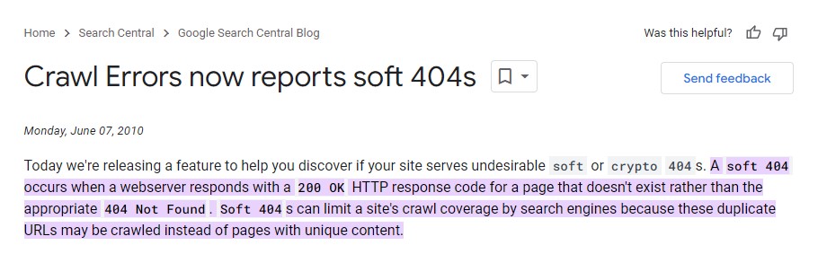 screenshot from google about soft 404s