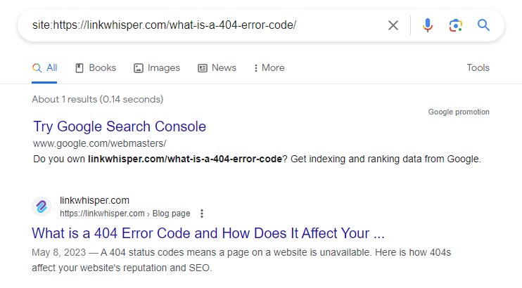 site: command in google screenshot