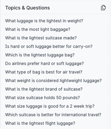 Topic and question suggestions from the Surfer Content Editor.