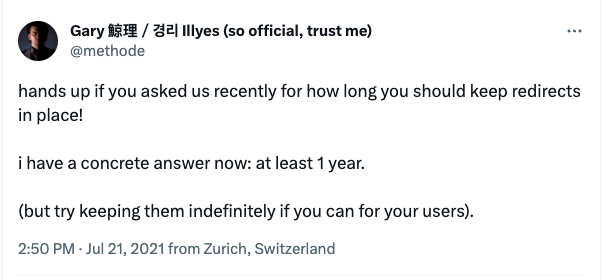 Tweet about redirect strategy.
