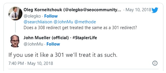 john mueller tweet on 308 vs 301 redirect