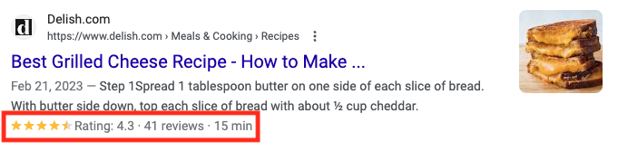 Rating and review data on a grilled cheese recipe in Google Search results.