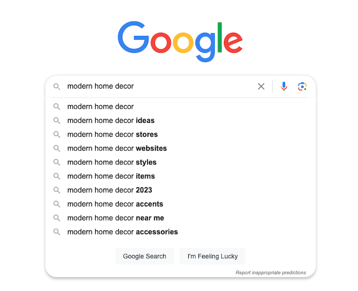 Google auto-complete for modern home decor search.