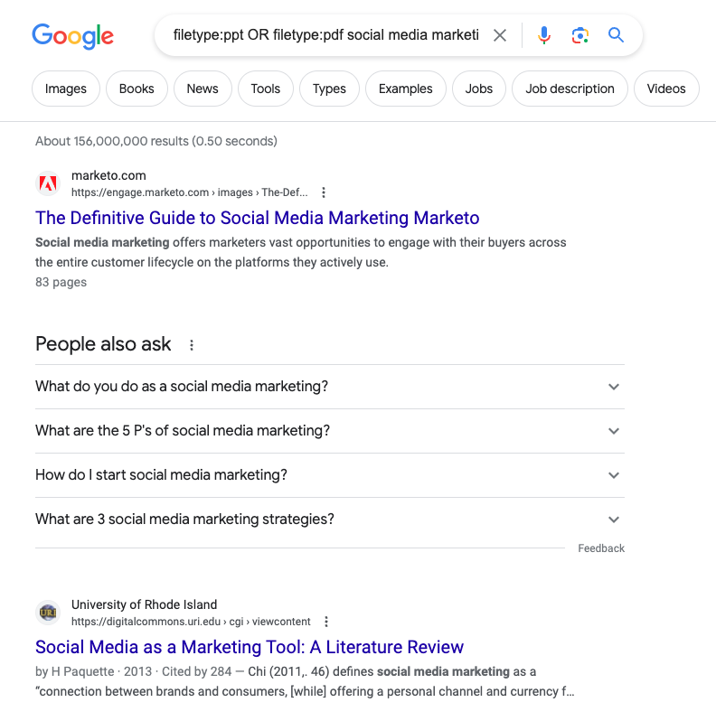 Using more than one search filetype Google parameter.