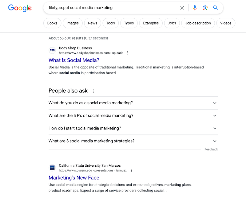 Google results when searching for a PowerPoint presentation.