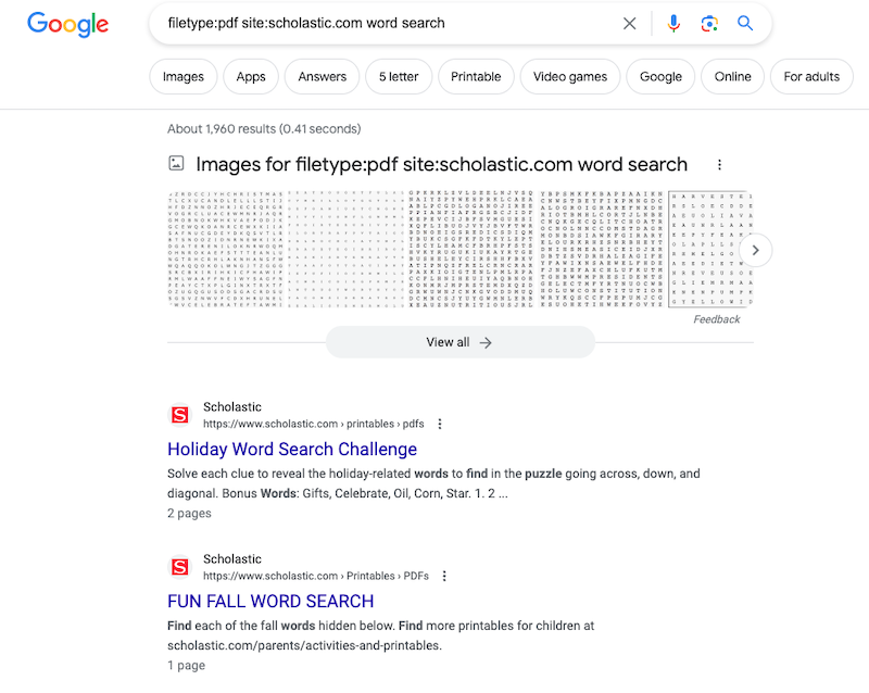 Search results on a specific website.