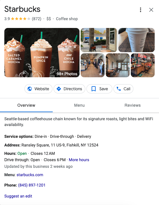 Starbucks business profile in Google Search.