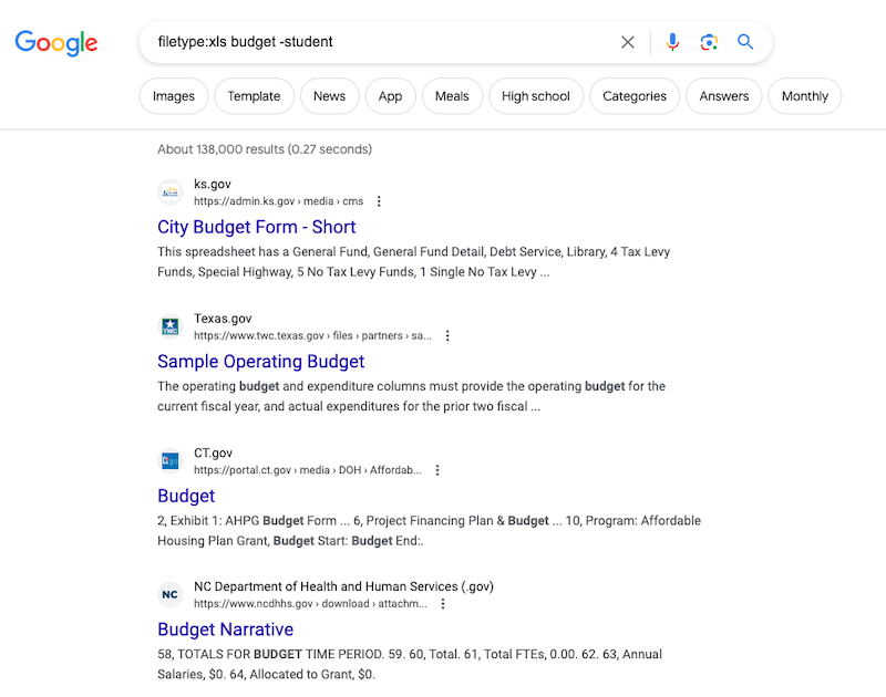 Search results when excluding a word.