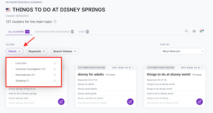 Search intent filter in Surfer.