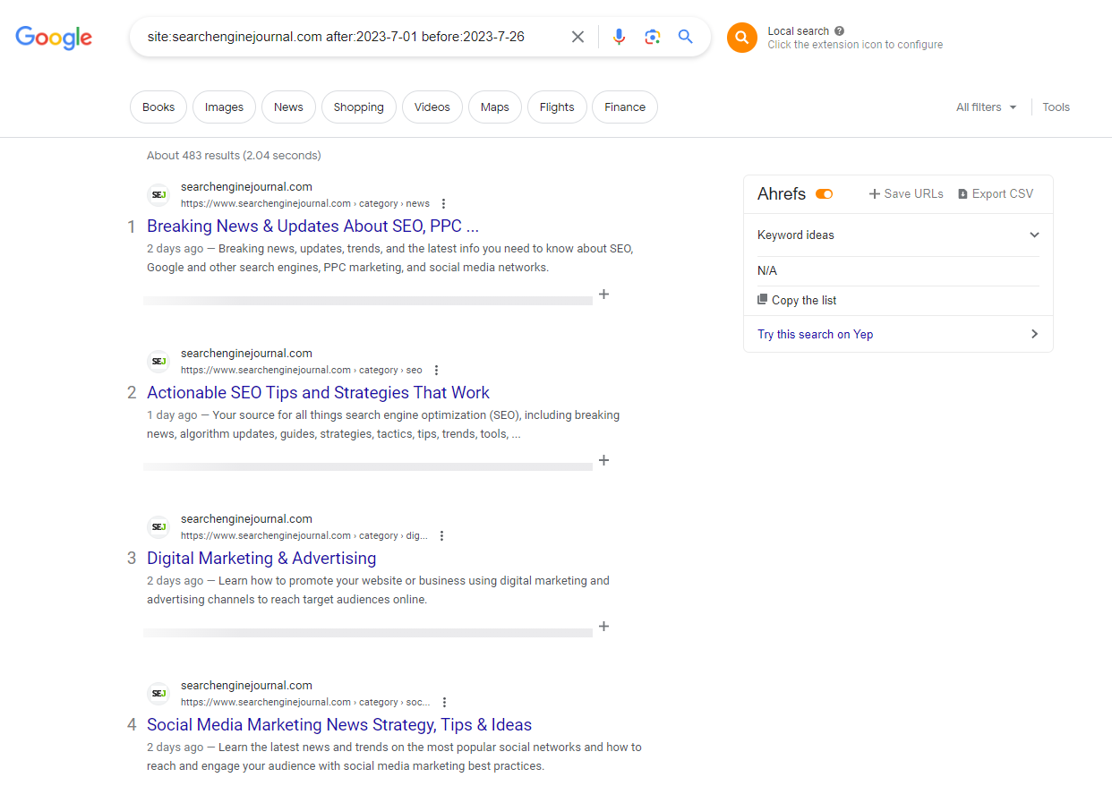 using google search operators to see when competitors publish new content