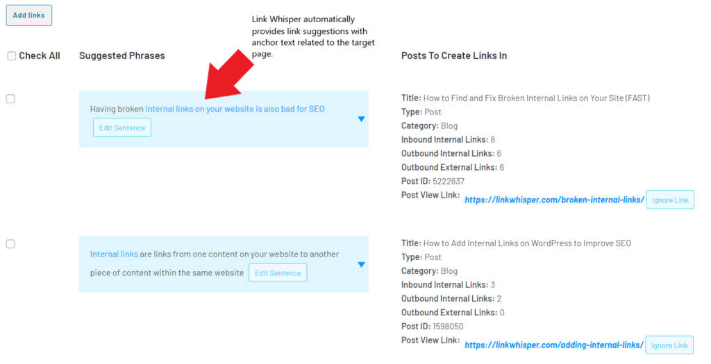 using link whisper for internal linking