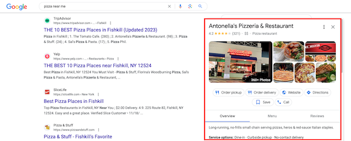 Google Business Profile for a local pizza place.