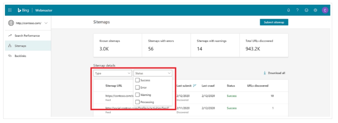 finding a sitemap using bing webmaster tools