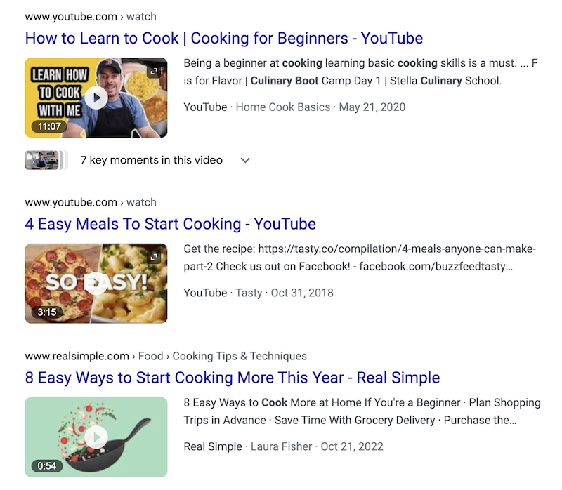 Video search results in Google.