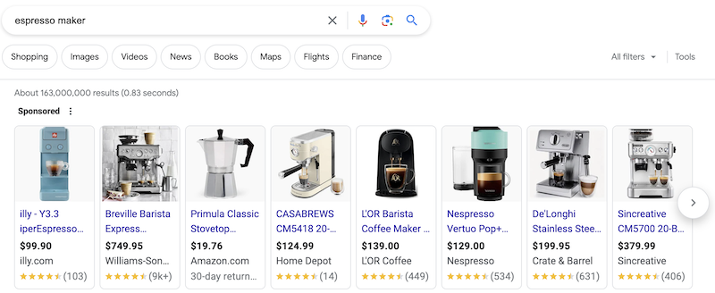 Sponsored ads for espresso makers at the top of the Google SERP.