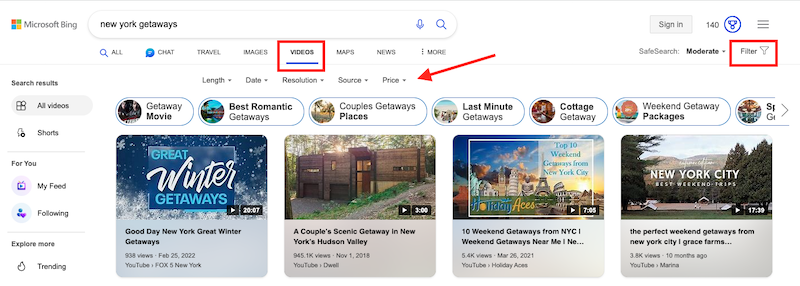 Bing advanced search settings for video search.