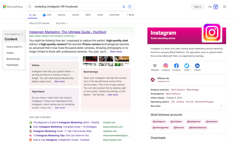Bing advanced search results.
