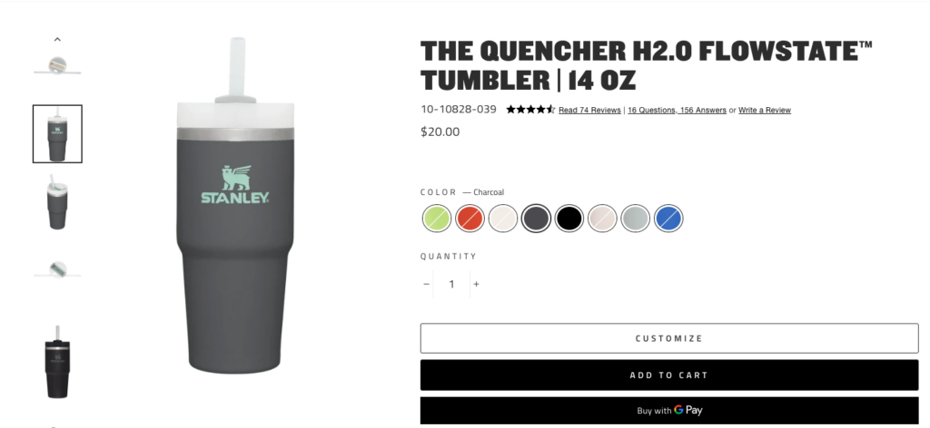 Product page as one of the bottom of funnel content examples.