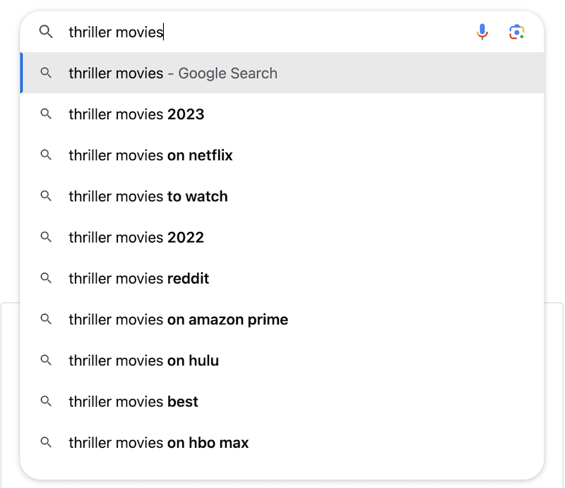 Auto-complete search query examples in the Google search bar drop-down menu.