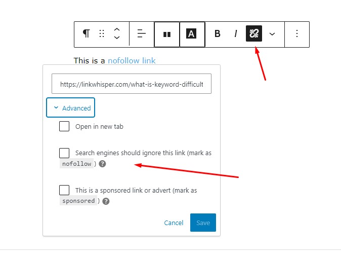 screenshot of making a nofollow link in wordpress