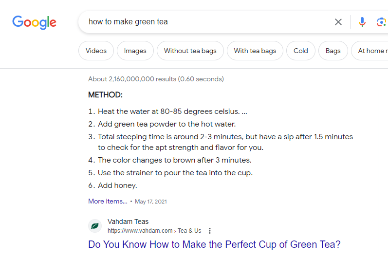 example of list featured snippet