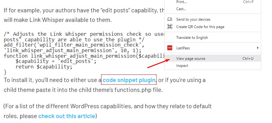 screenshot of the view page source option