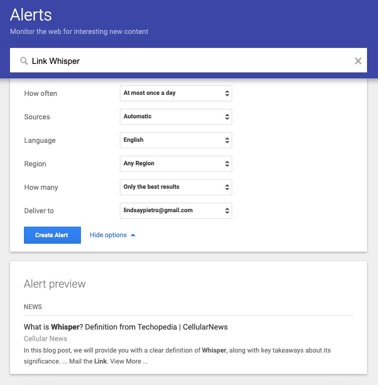 Google Alerts setup page.