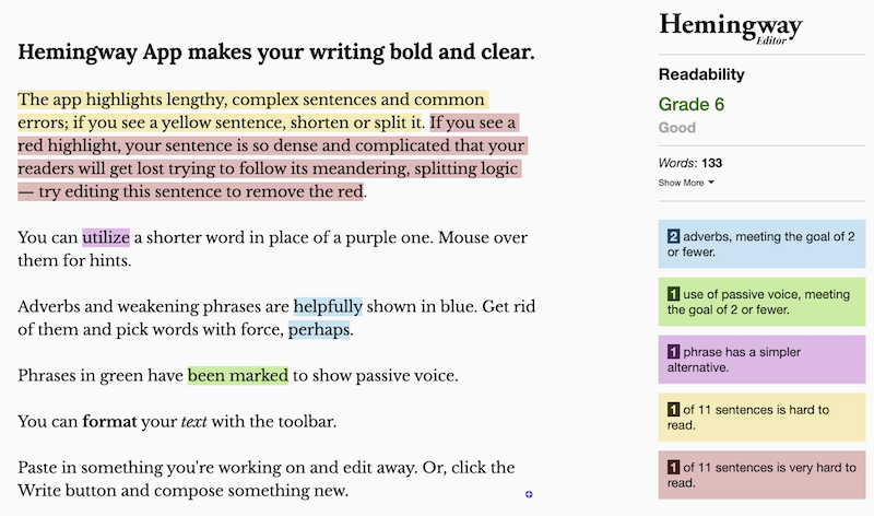 The Hemingway tool for improving SEO writing readability.