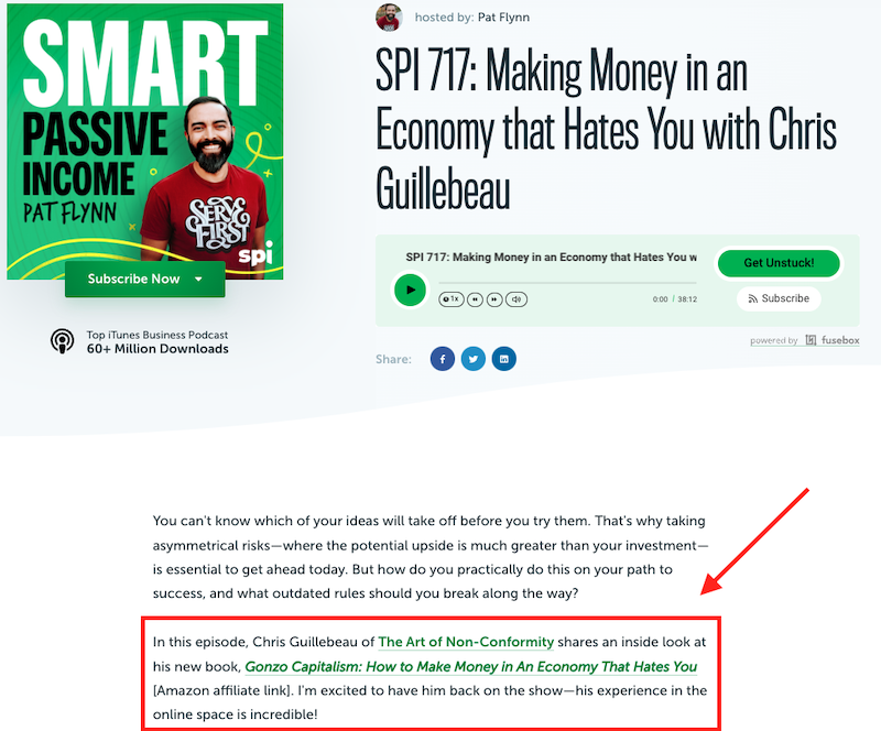 Podcast episode description with a backlink to show one of the thought leadership link building strategies.