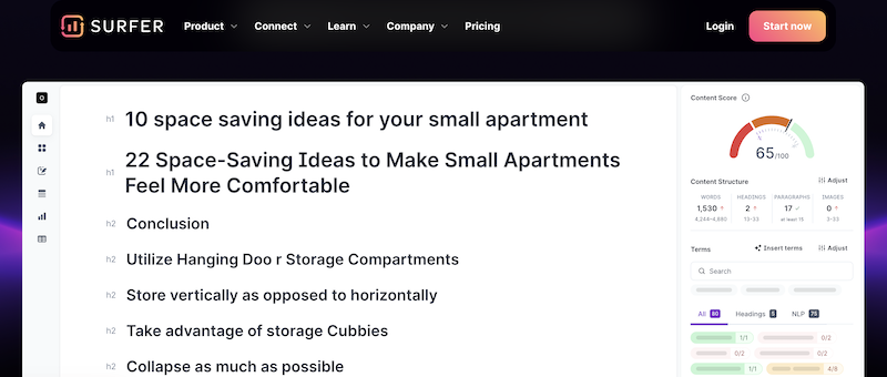 Surfer's auto-generated outline tool to help plan out SEO writing.