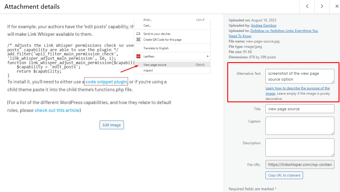 adding alt text in WordPress