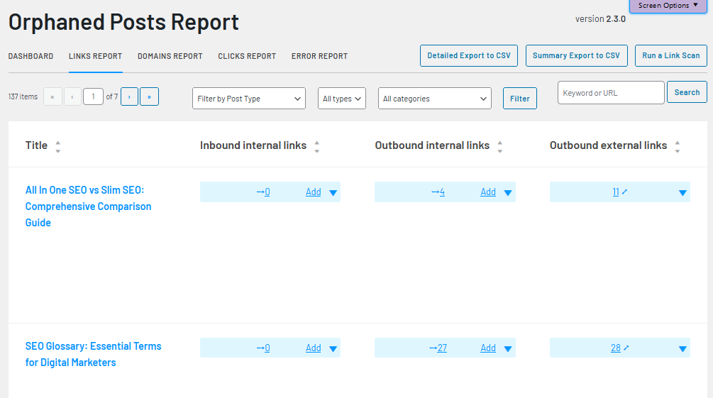 Orphaned Posts report in Link Whisper