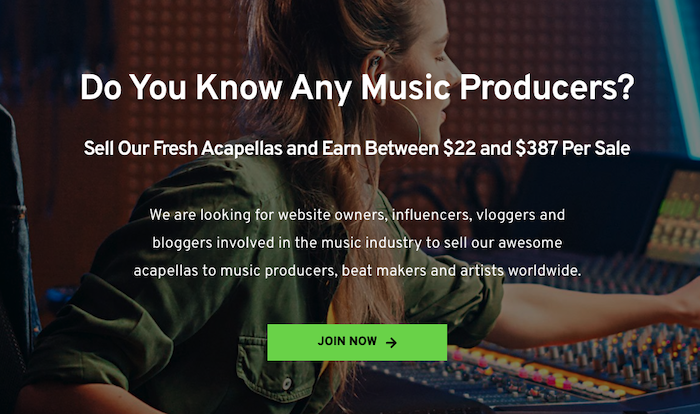 Landing page for one of the music affiliate programs.