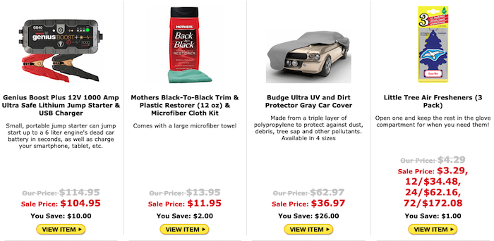 Products on the Auto Barn homepage.