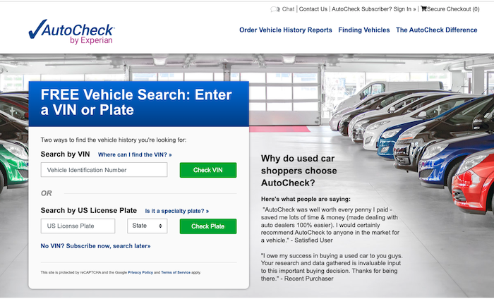 The AutoCheck homepage, which leads to one of the best car affiliate programs.