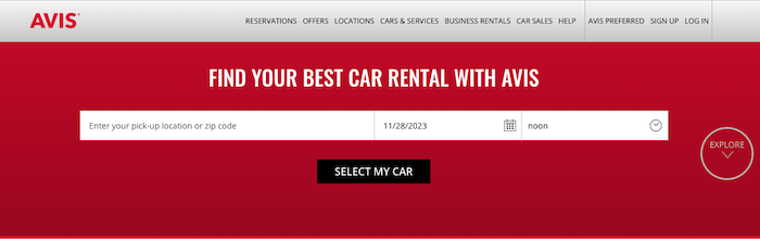 The homepage for Avis.