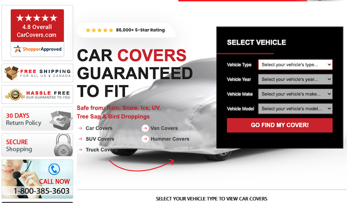 The Car Covers homepage, which also leads to one of the car affiliate programs available.