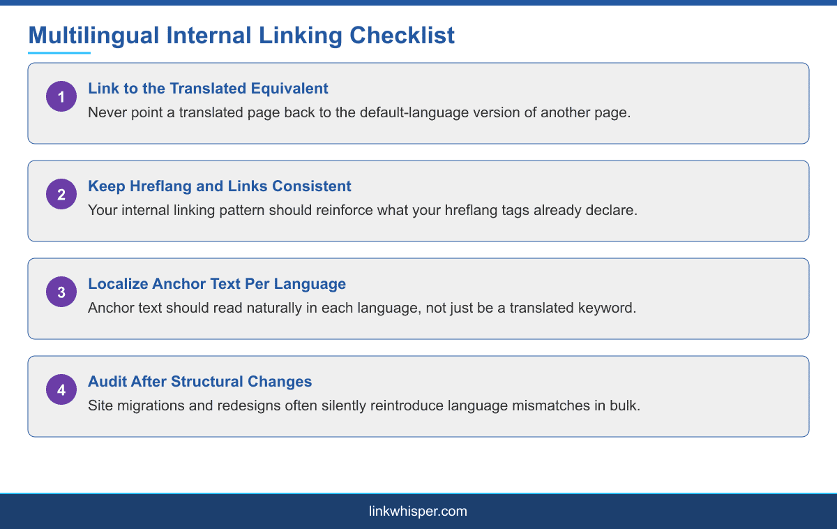 Infographic showing a multilingual internal linking checklist for WordPress sites