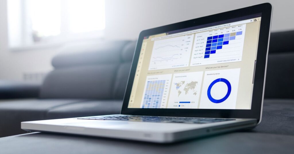 Marketer reviewing website data on a laptop before running an internal link checker