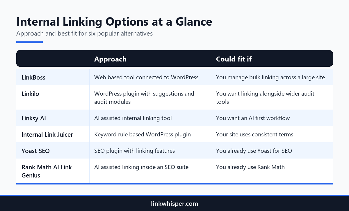 Infographic comparing six options for a WordPress plugin for internal linking by approach and best fit